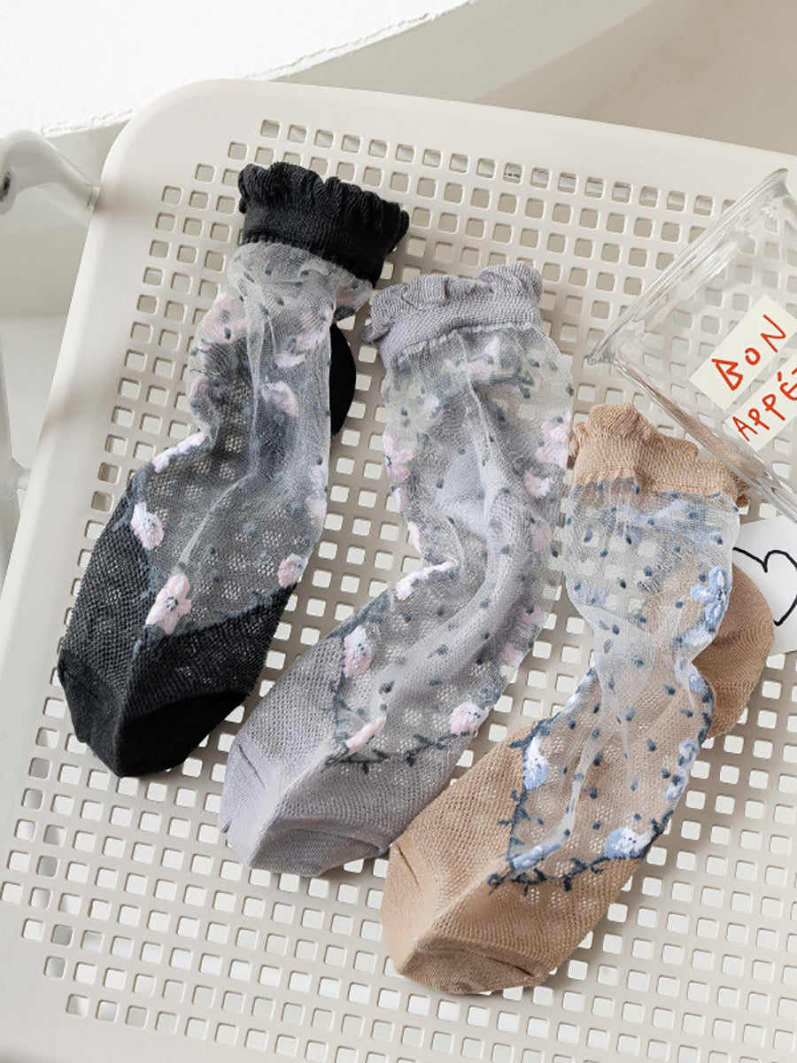 Lace Artsy Socks Pairs Women 3 Flower Jacquard
