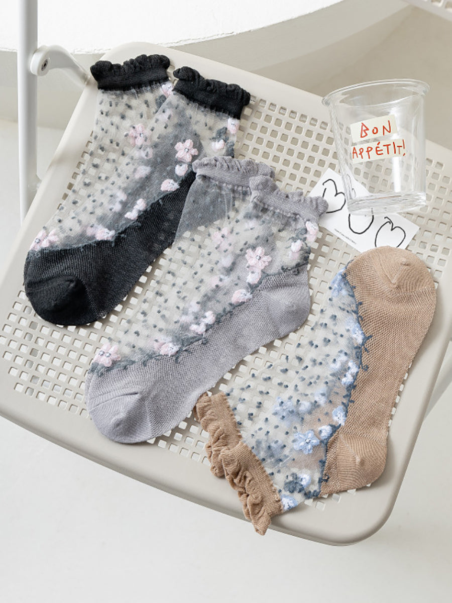 Lace Artsy Socks Pairs Women 3 Flower Jacquard