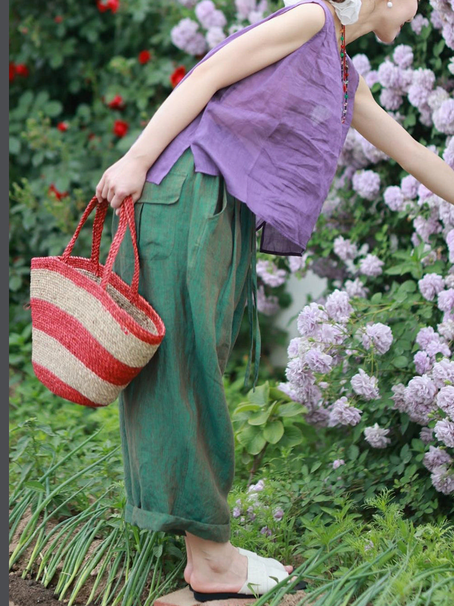 100%Linen Color Pants Women Wide-leg Pure Summer