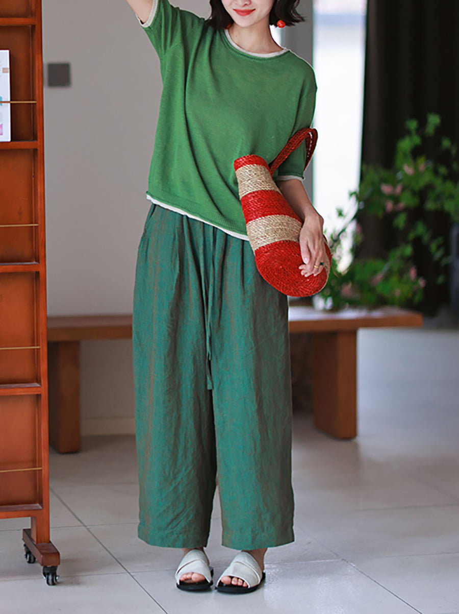 100%Linen Color Pants Women Wide-leg Pure Summer