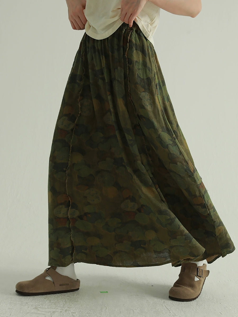 Spliced Skirt Retro 100%Cotton Lotus Women Summer Leaf