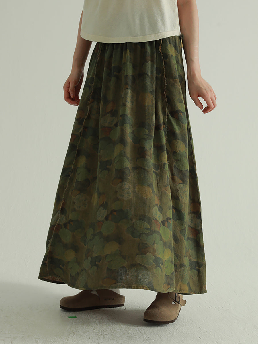 Spliced Skirt Retro 100%Cotton Lotus Women Summer Leaf