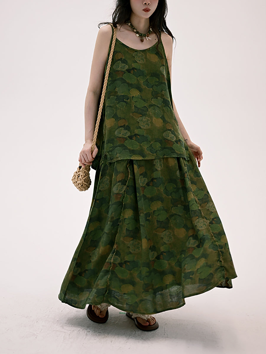 Spliced Skirt Retro 100%Cotton Lotus Women Summer Leaf