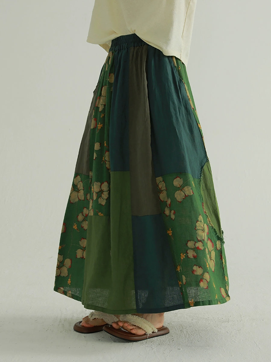 Colorblock Women Skirt Summer Flower Retro Spliced