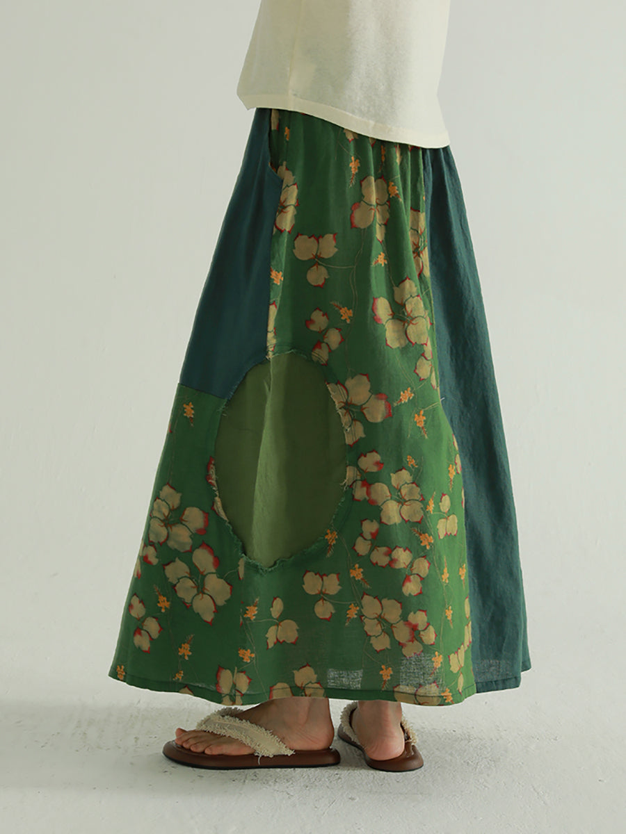 Colorblock Women Skirt Summer Flower Retro Spliced