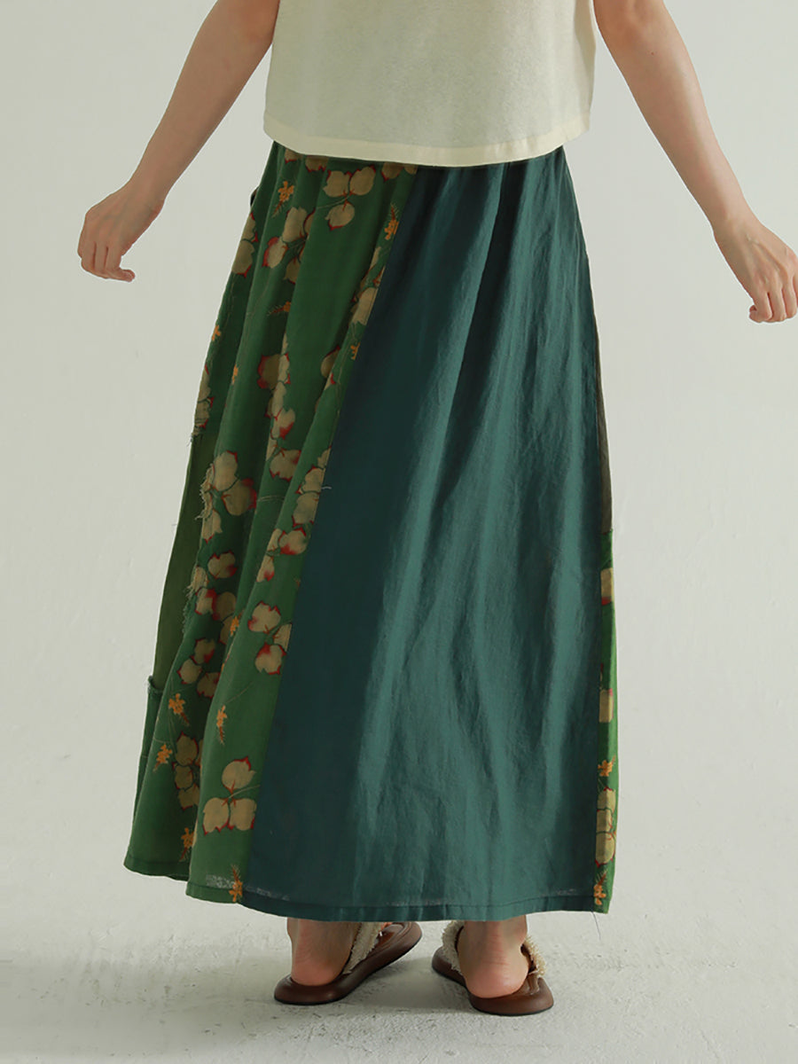 Colorblock Women Skirt Summer Flower Retro Spliced