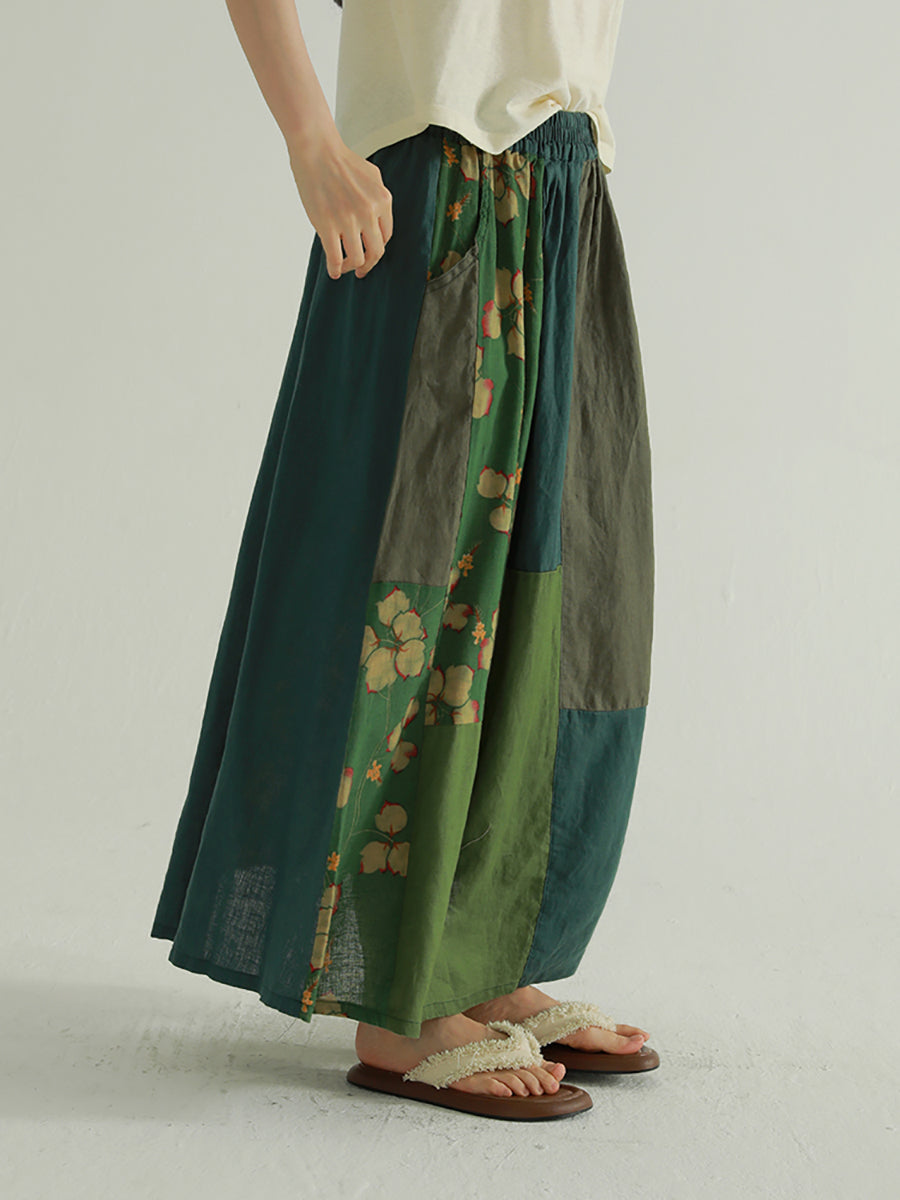 Colorblock Women Skirt Summer Flower Retro Spliced