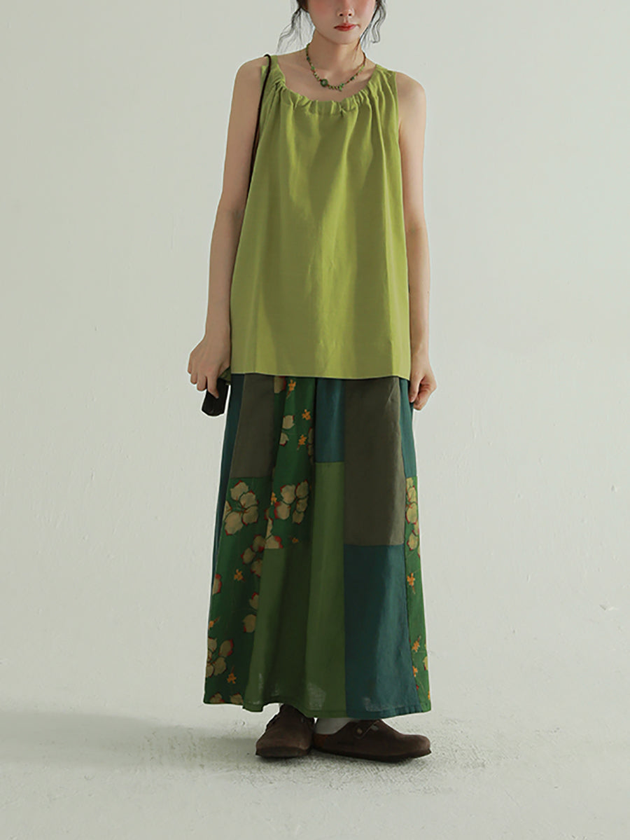 Colorblock Women Skirt Summer Flower Retro Spliced