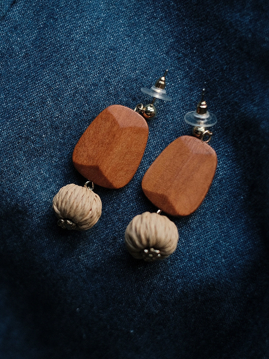 Earrings Wooden Women Weave Bohemia Ball Straw
