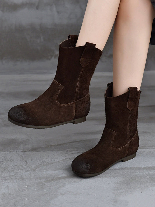 Spliced Low Boots Vintage Women Genuine Leather Heel