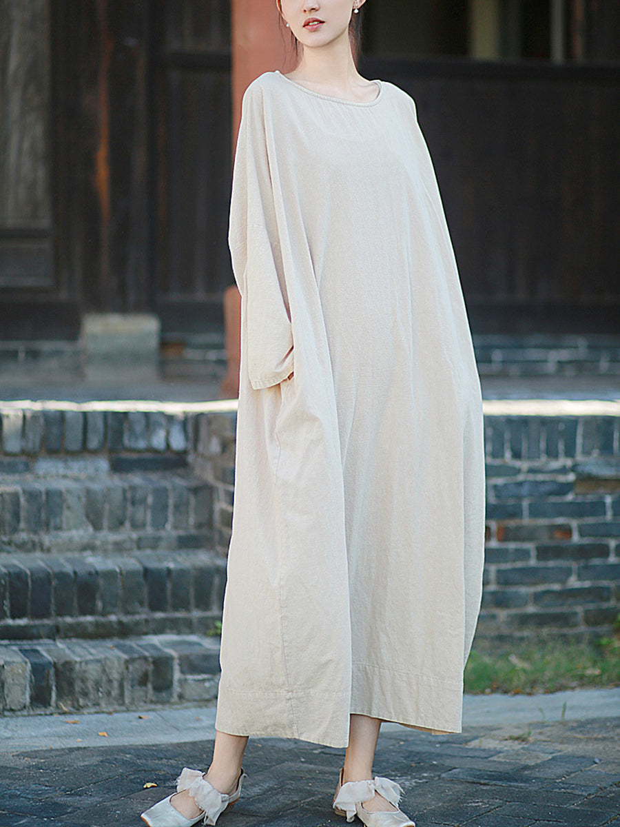 Autumn Dress O-Neck Retro Linen Women Pure Color Cotton