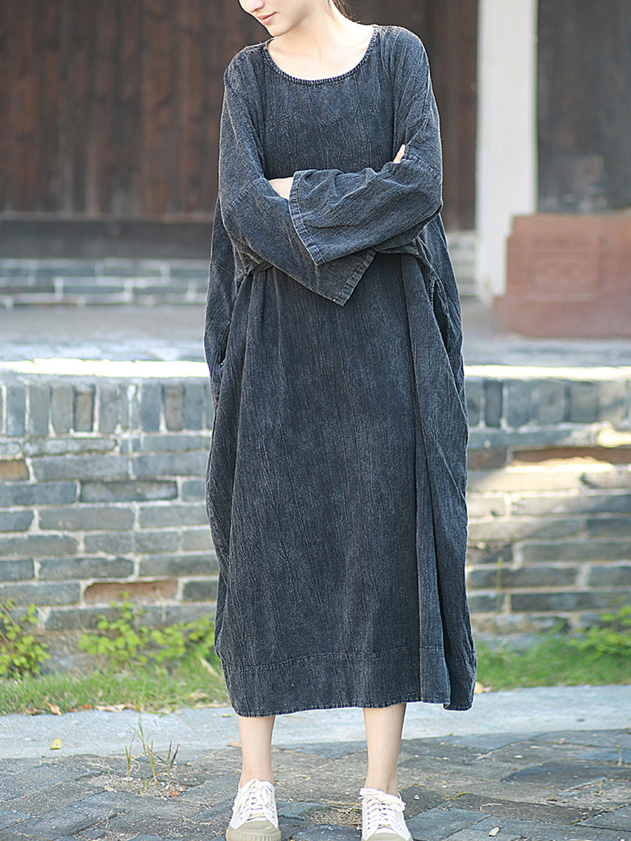 Autumn Dress O-Neck Retro Linen Women Pure Color Cotton