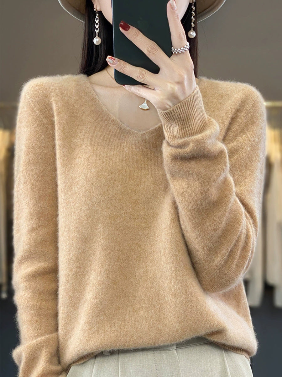 Wool V-Neck Casual Sweater Color Women Autumn Pure