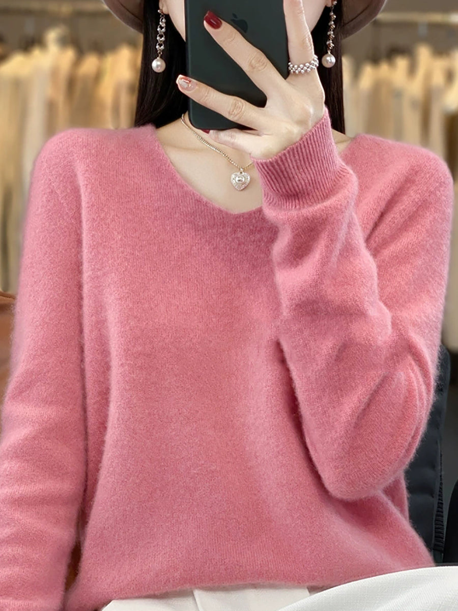 Wool V-Neck Casual Sweater Color Women Autumn Pure