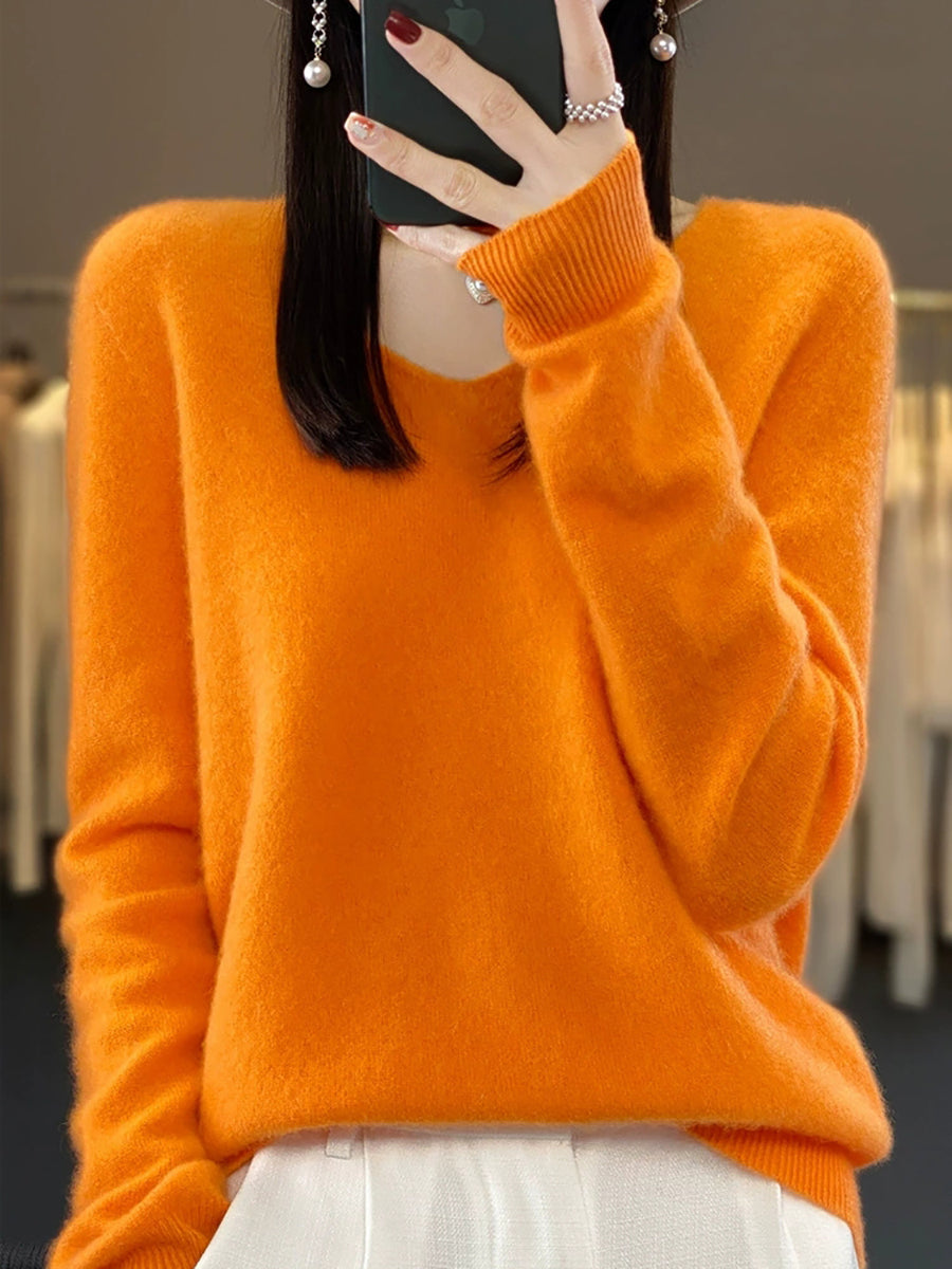 Wool V-Neck Casual Sweater Color Women Autumn Pure