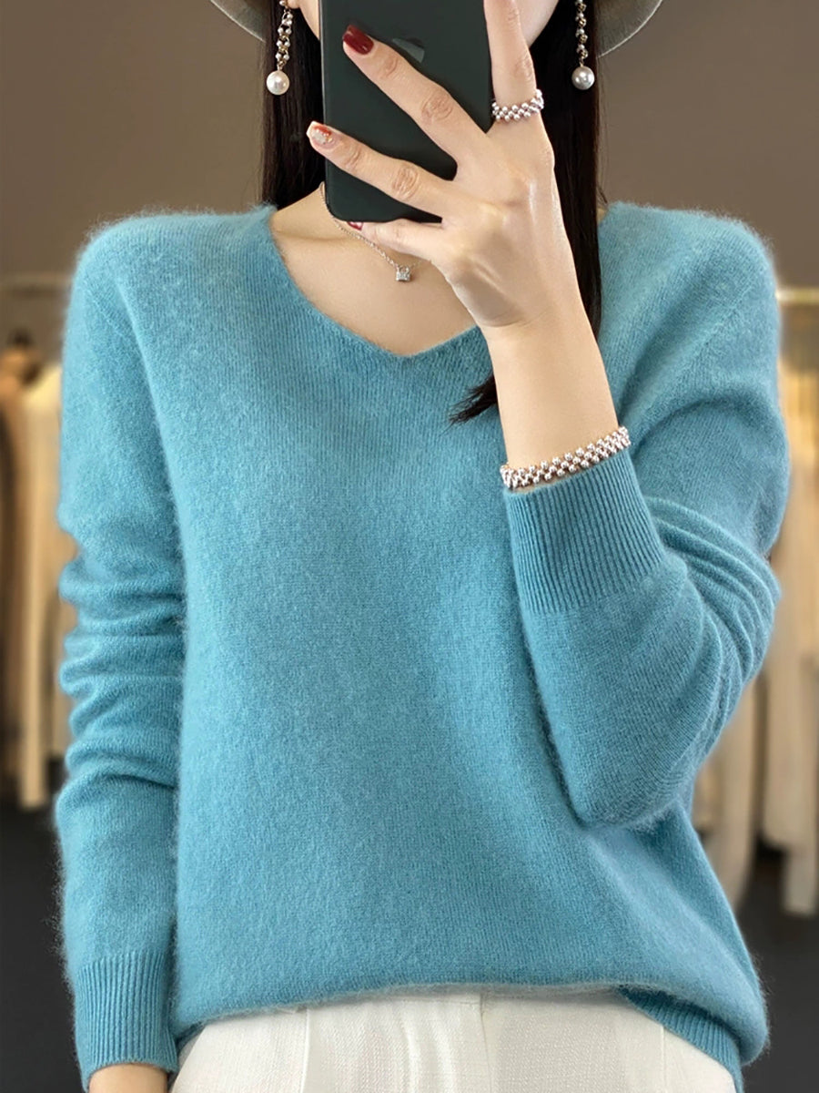 Wool V-Neck Casual Sweater Color Women Autumn Pure
