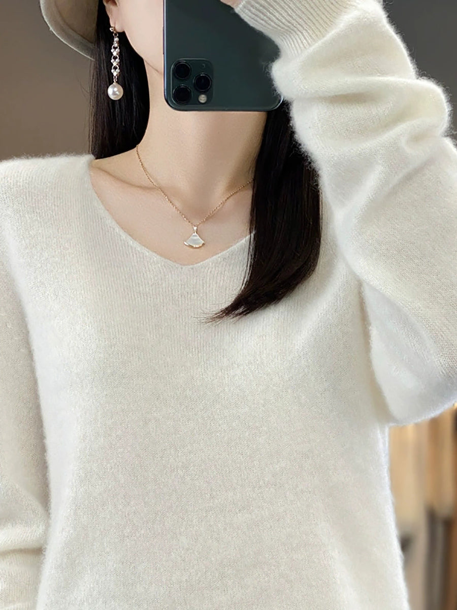 Wool V-Neck Casual Sweater Color Women Autumn Pure