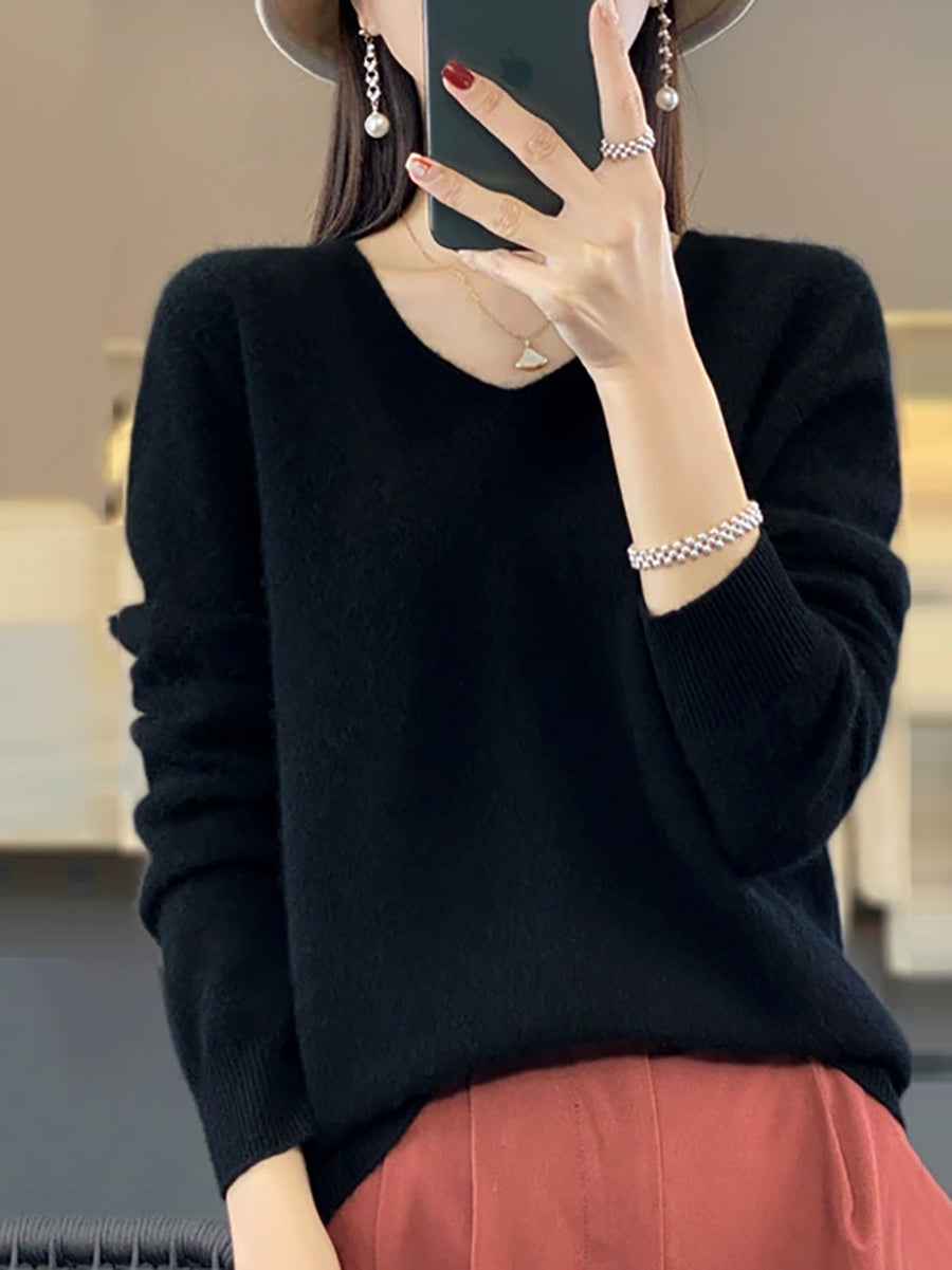 Wool V-Neck Casual Sweater Color Women Autumn Pure