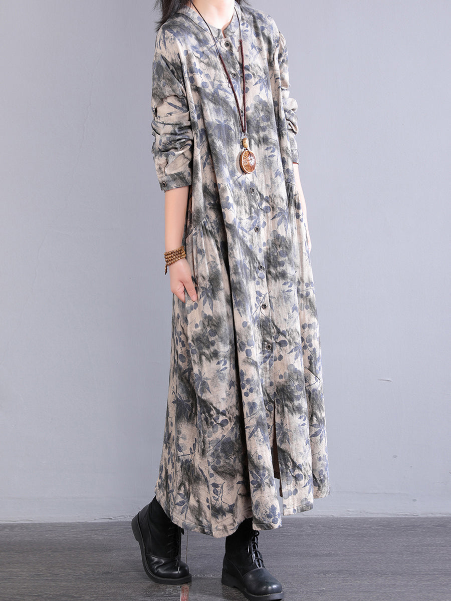 Dress 100%Cotton Women Autumn Print Collar Stand Retro