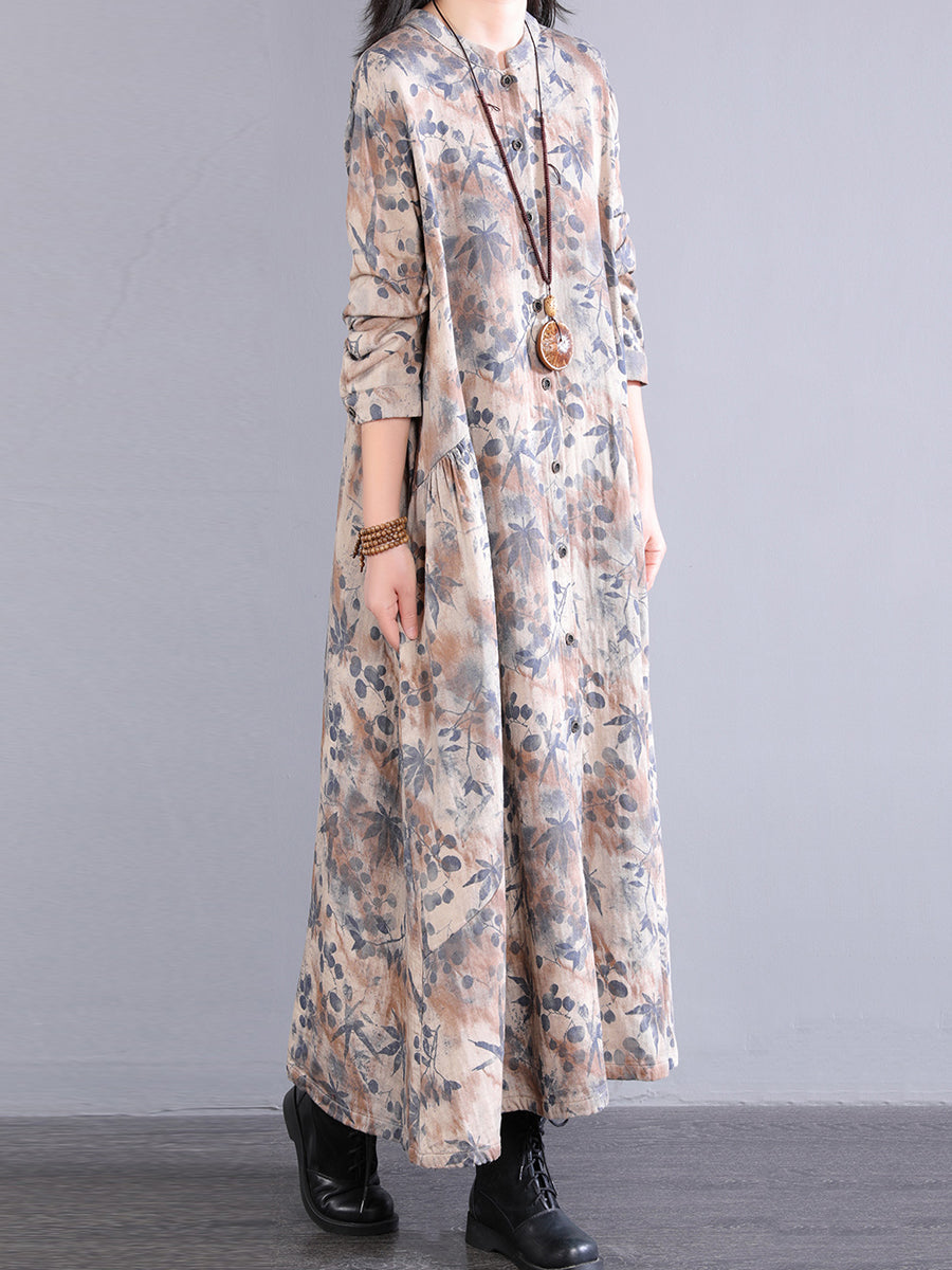 Dress 100%Cotton Women Autumn Print Collar Stand Retro