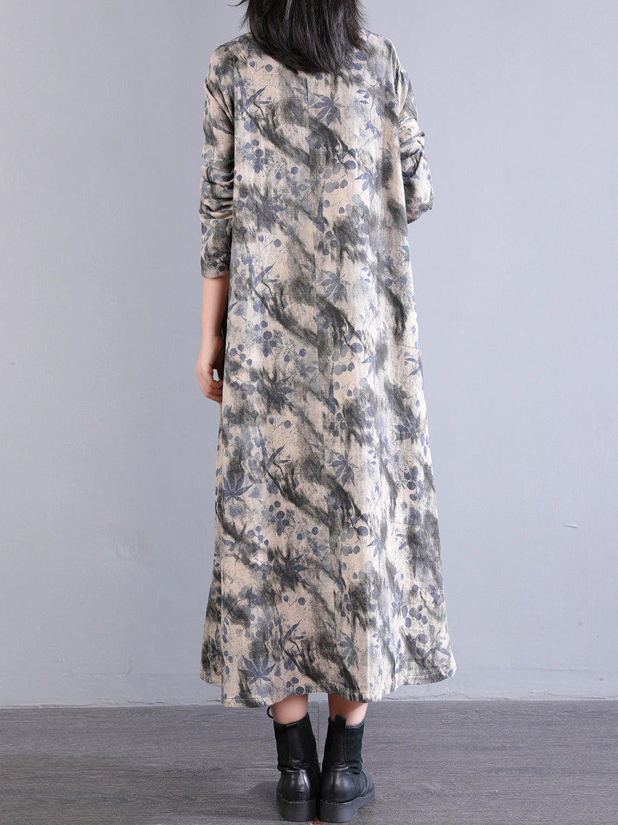 Dress 100%Cotton Women Autumn Print Collar Stand Retro