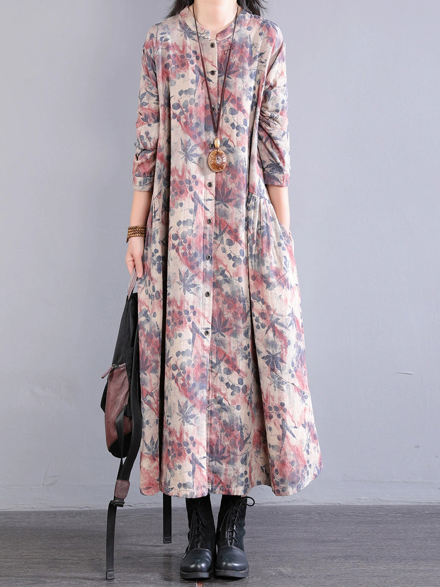 Dress 100%Cotton Women Autumn Print Collar Stand Retro