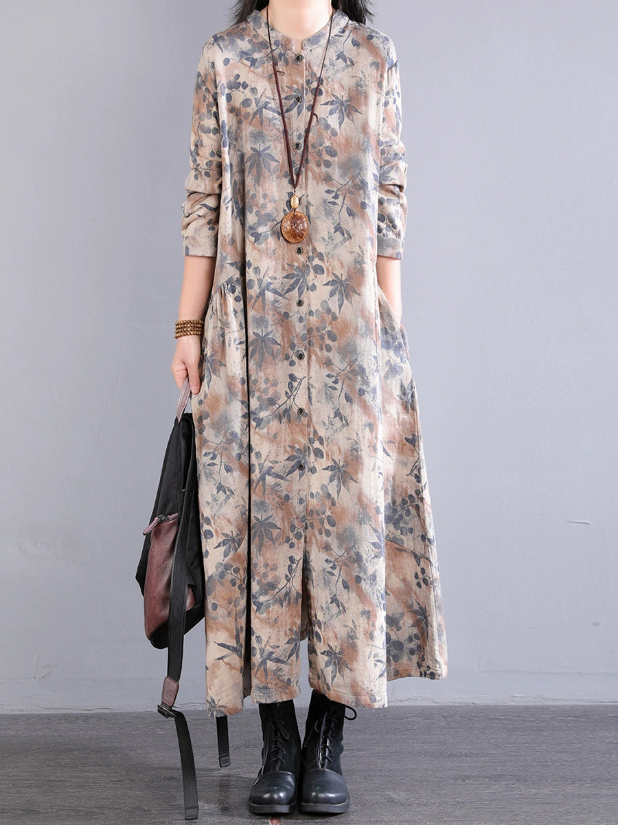 Dress 100%Cotton Women Autumn Print Collar Stand Retro