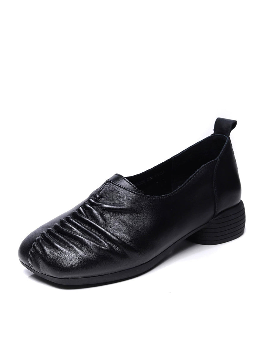 Heel Mid Genuine Leather Spliced Shoes Women Vintage