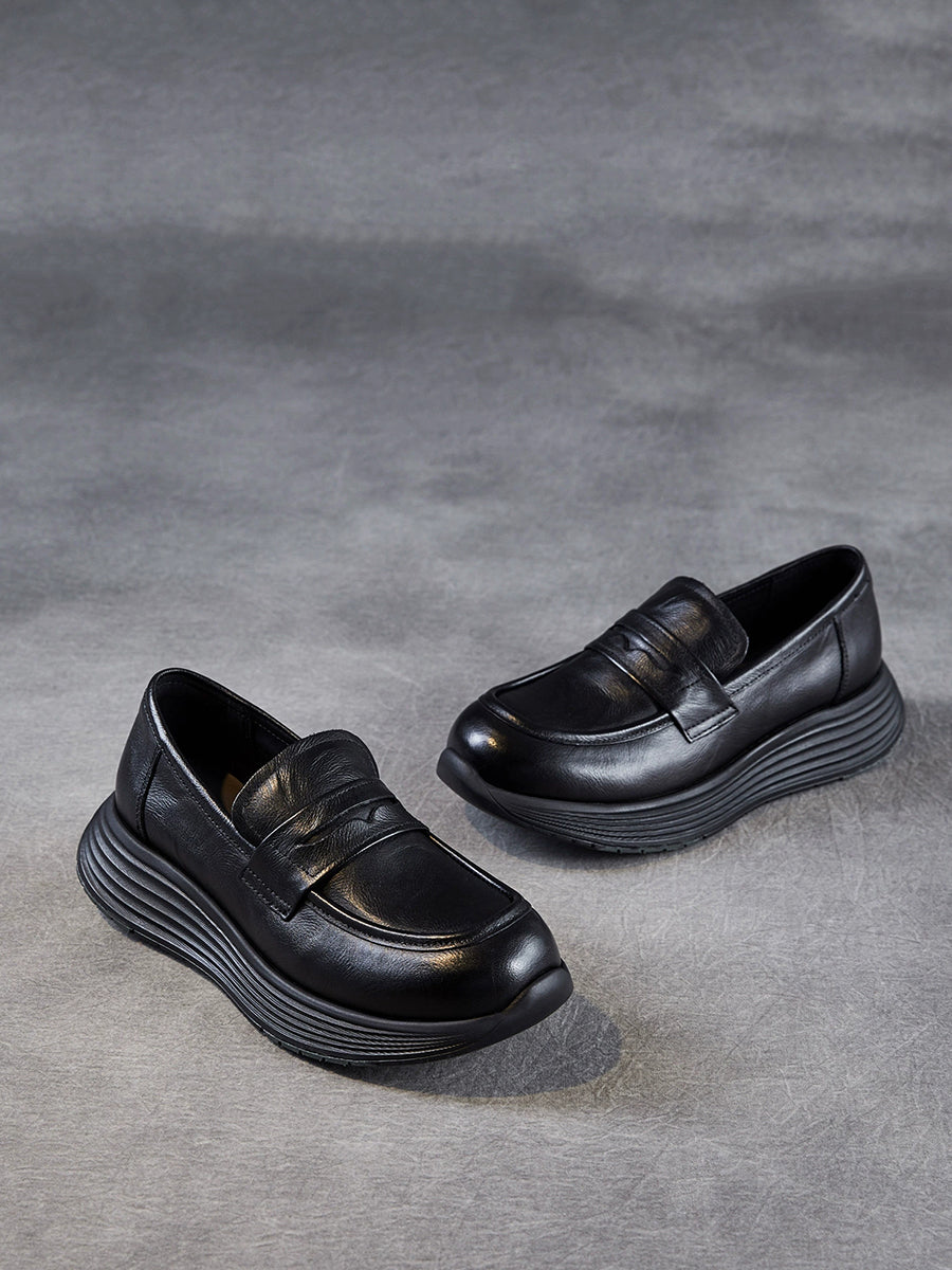 Platform Leather Shoes Women Genuine Vintage