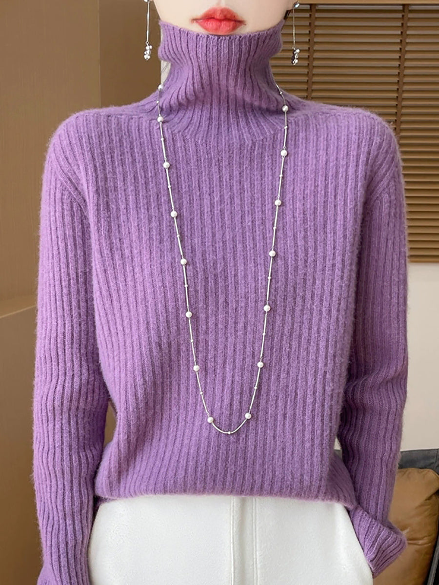 Women Autumn Turtleneck Pure Knitted Color Sweater Casual