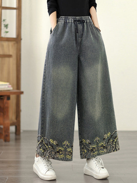 Embroidery Women Retro Autumn Denim Wide-leg Pants
