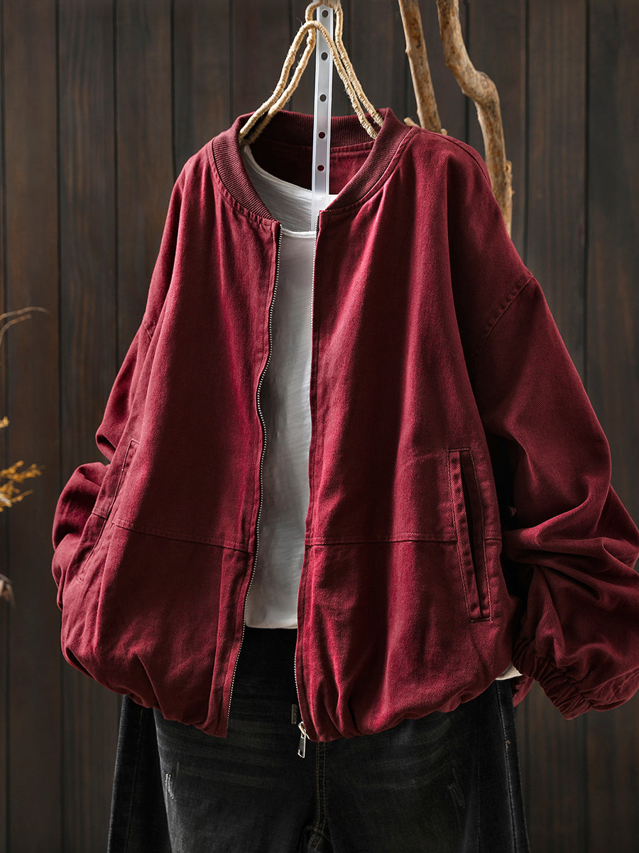 Pure Color Jacket O-Neck 100%Cotton Women Autumn