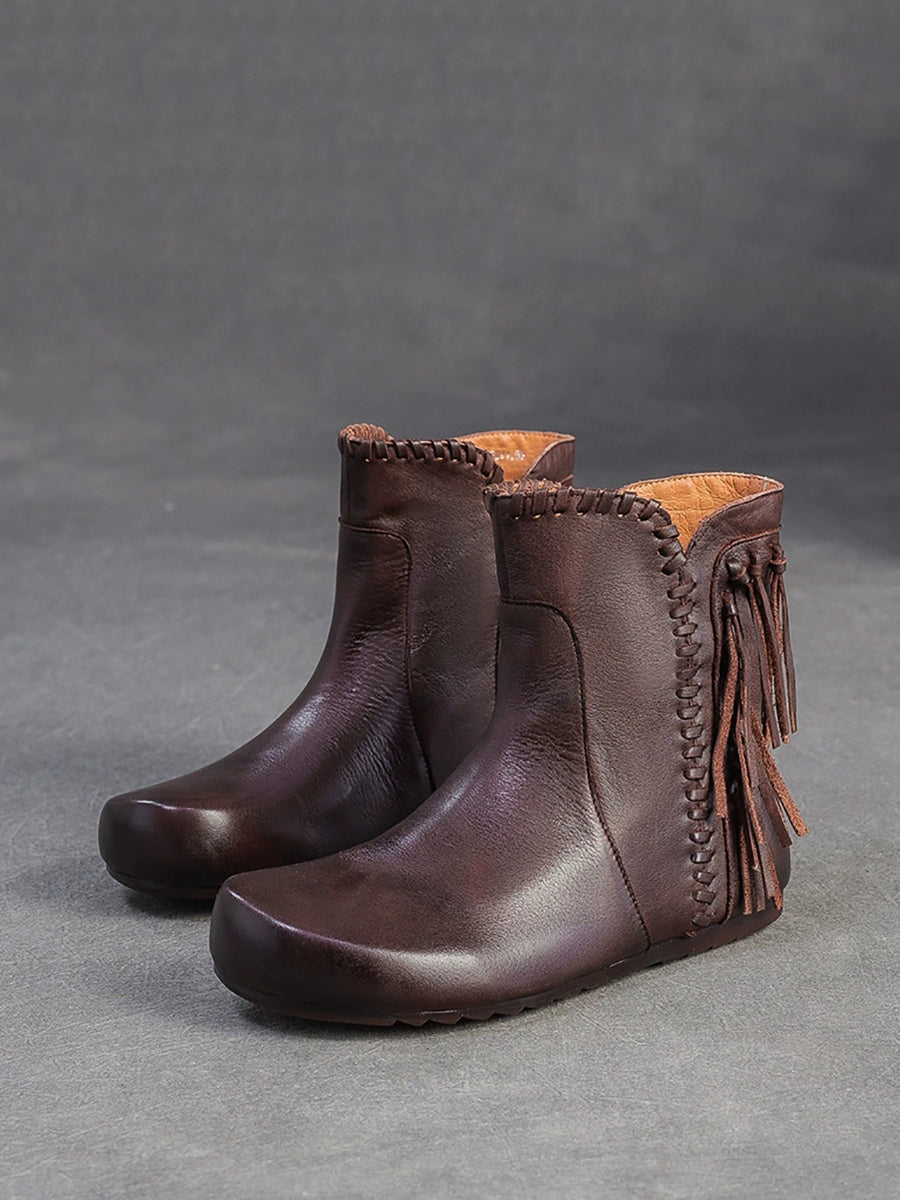 Autumn Leather Tassel Ankle Boots Women Vintage