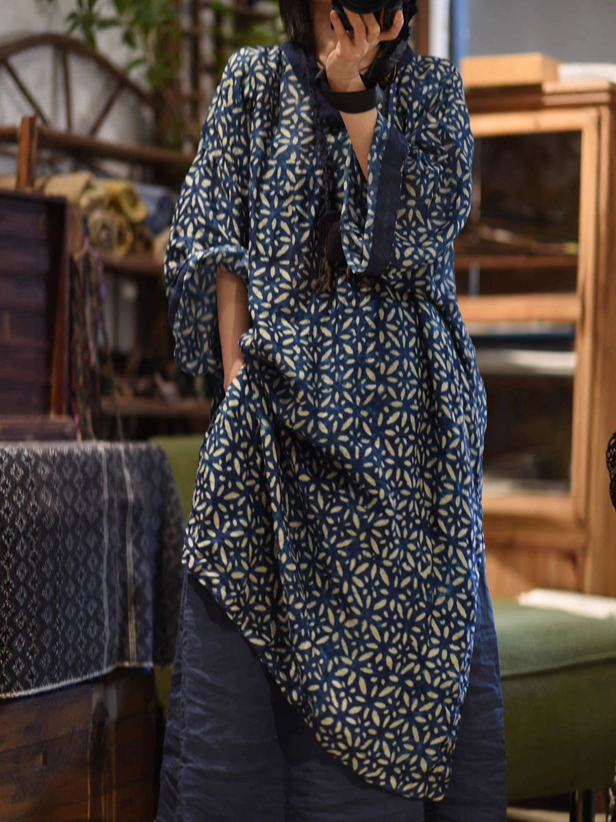 Spliced Flower Women Ramie Autumn Retro V-Neck Dress