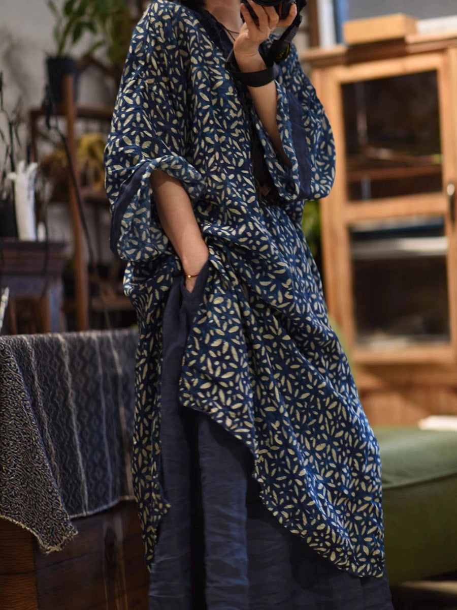 Spliced Flower Women Ramie Autumn Retro V-Neck Dress