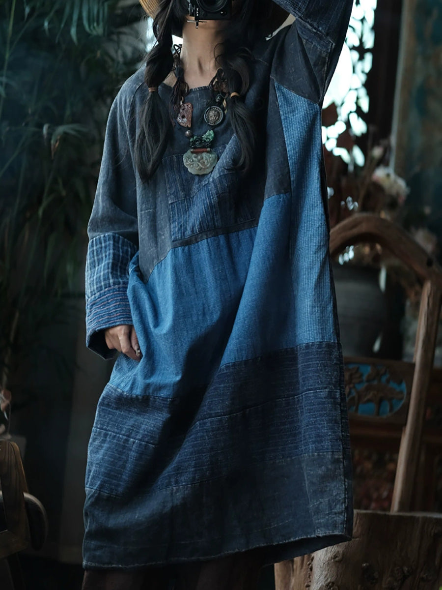 Retro Patchwork O-Neck Dress Women Cotton Autumn