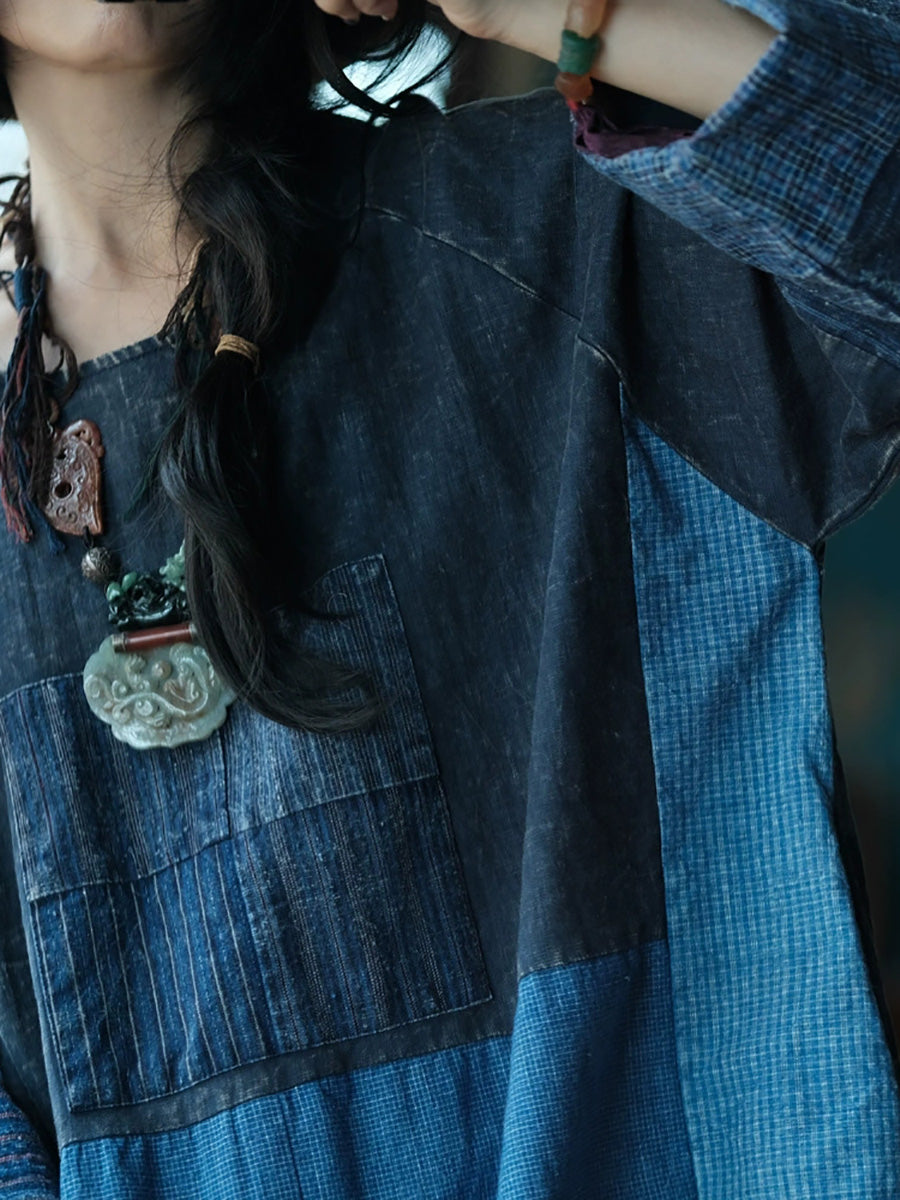 Retro Patchwork O-Neck Dress Women Cotton Autumn