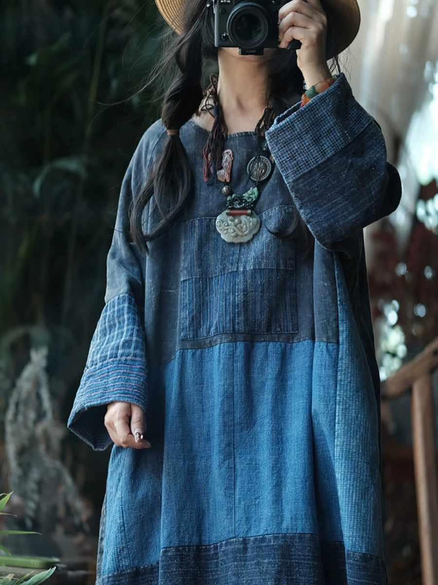 Retro Patchwork O-Neck Dress Women Cotton Autumn