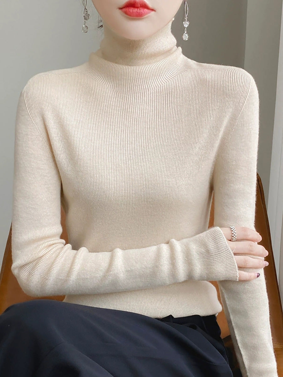 Color Pure Women Casual Sweater Turtleneck Knitted Autumn