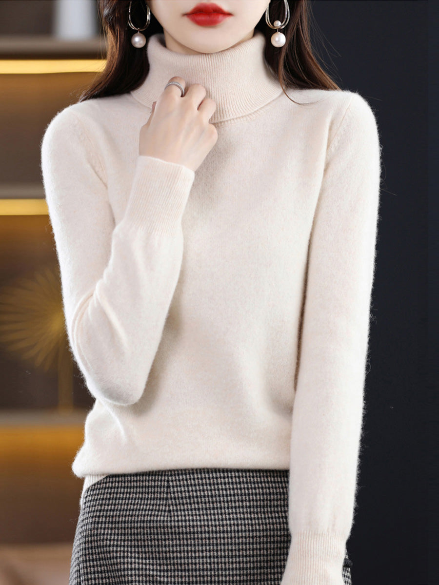 Knitted Women Pure Autumn Color Turtleneck Casual Sweater