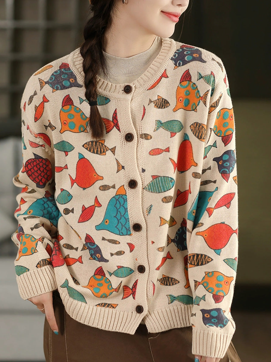 Fish Artsy Autumn O-Neck Sweater Cartoon Women