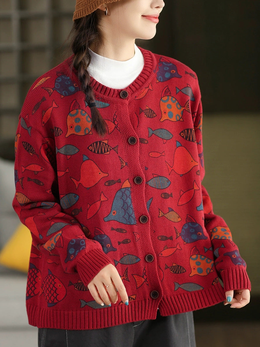 Fish Artsy Autumn O-Neck Sweater Cartoon Women