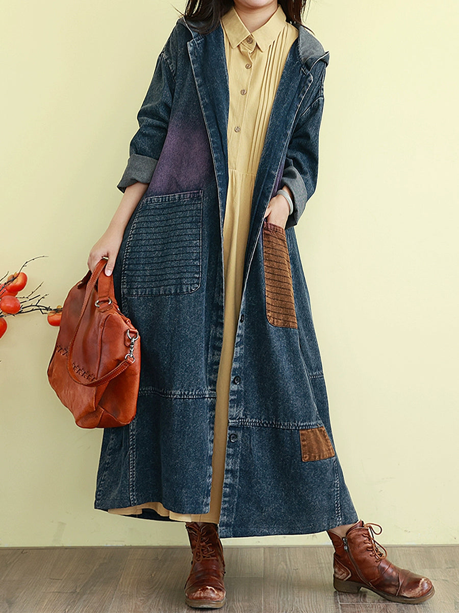 Denim Autumn Long Colorblock Hooded Coat Women
