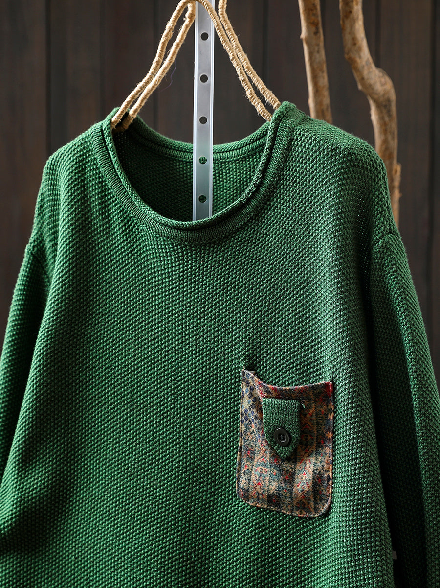 Artsy Sweater Women O-Neck Pocket Patch Knitted Autumn