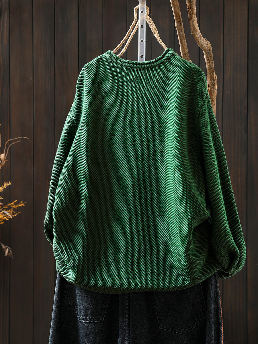 Artsy Sweater Women O-Neck Pocket Patch Knitted Autumn