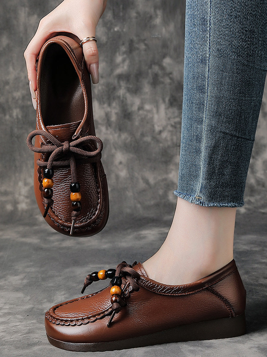 Leather Shoes Heel Women Soft Vintage Low