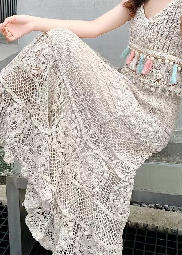 Out Summer Loose Elastic Skirts Hollow Apricot Waist