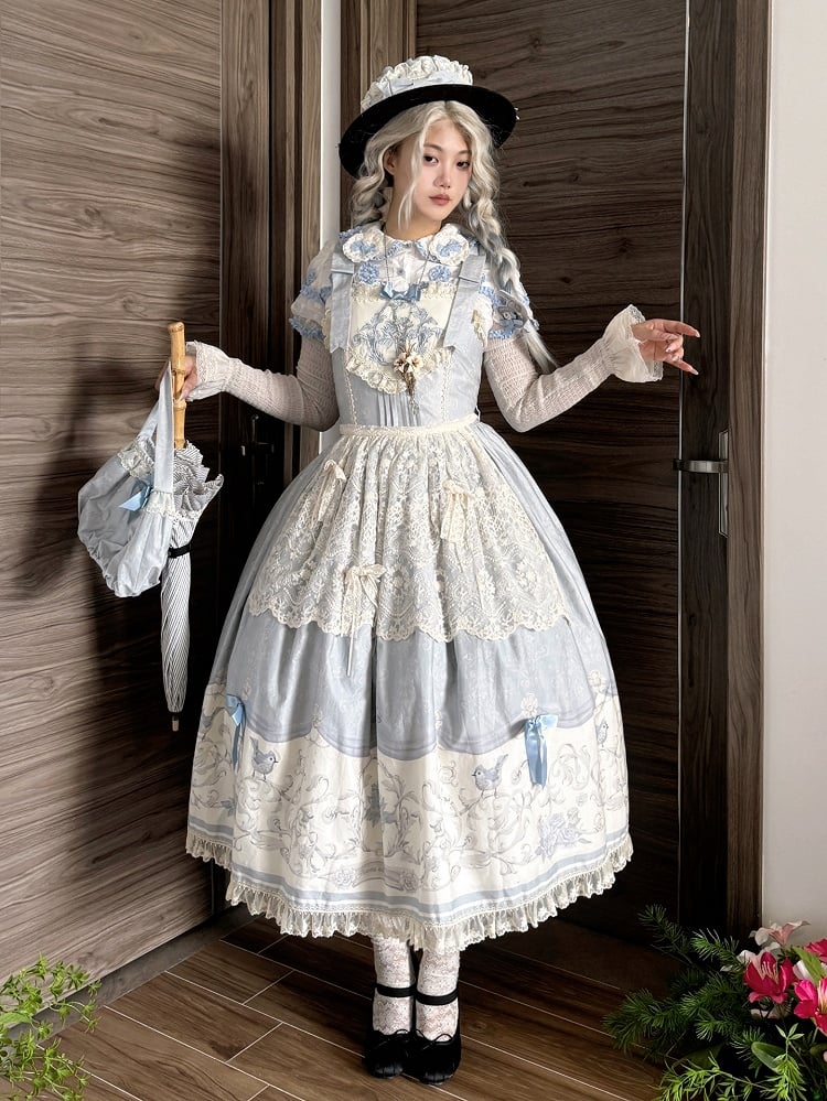 Skirt and Print Titmouse Jumper Blue Floral Lolita
