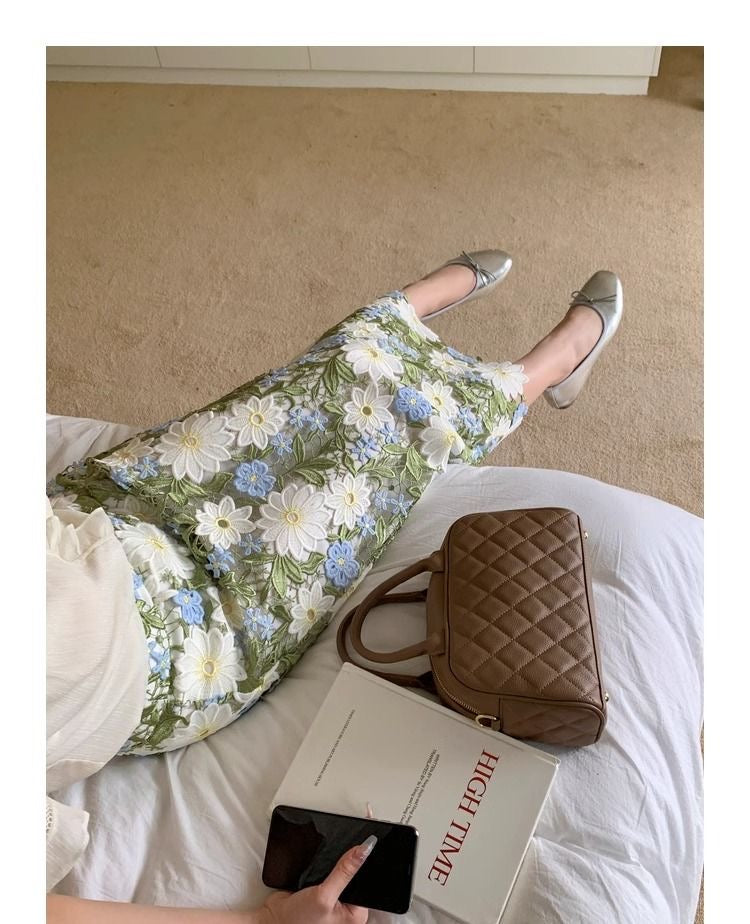 Floral Straight Embroidery Green Skirt Elegant