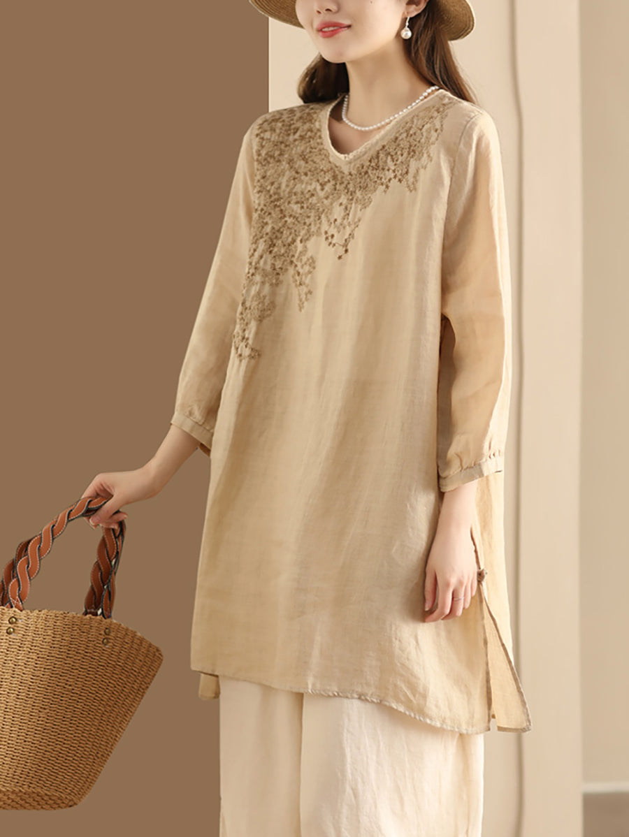 Women Summer Artsy Embroidery Ramie Long Shirt AS1022